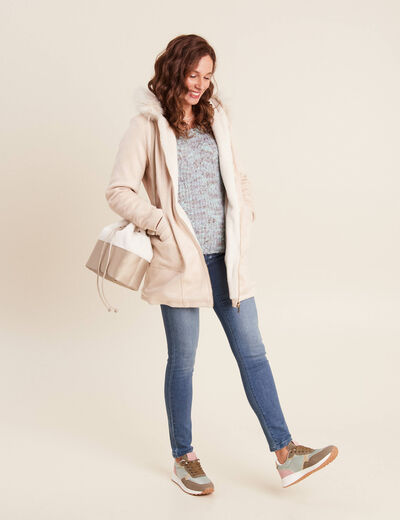 Manteau suédine à capuche creme femme