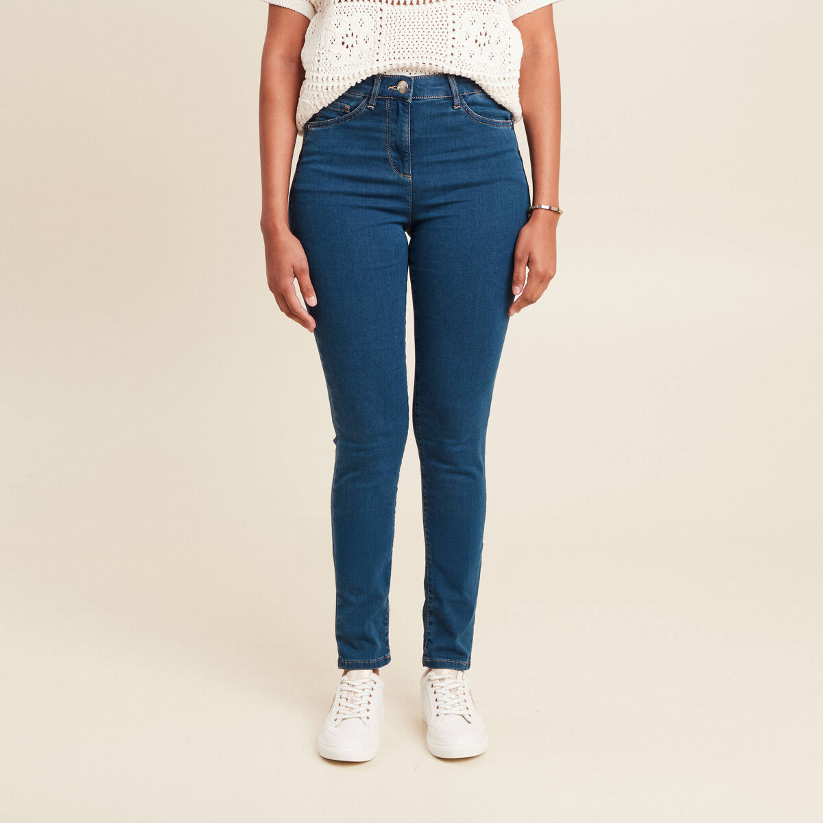 Jeans léger taille haute long denim double stone femme