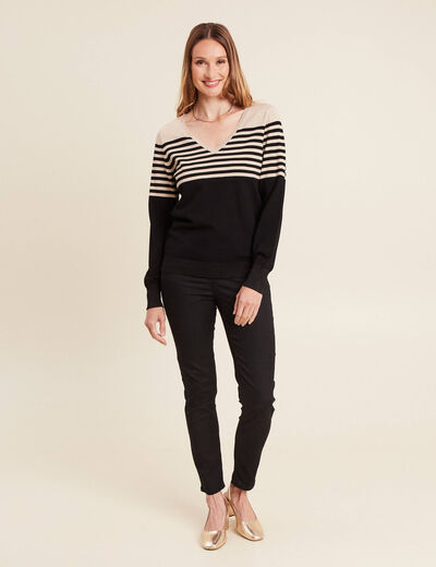 Pull ajusté col en V noir femme
