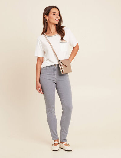 T-shirt col rond manches coudes tressé ecru femme