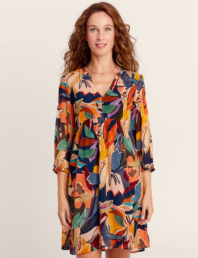 Robe évasée col tunisien beige femme