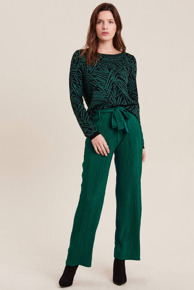Pantalon large ceinturé vert femme