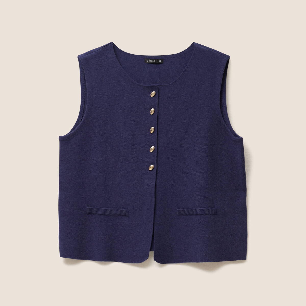 gilet droit court sans manches col rond bleu marine femme