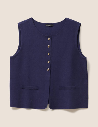 gilet droit court sans manches col rond bleu marine femme