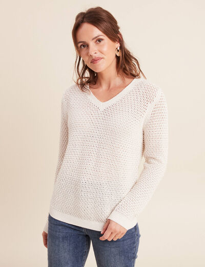 Pull manches longues col en V ecru femme