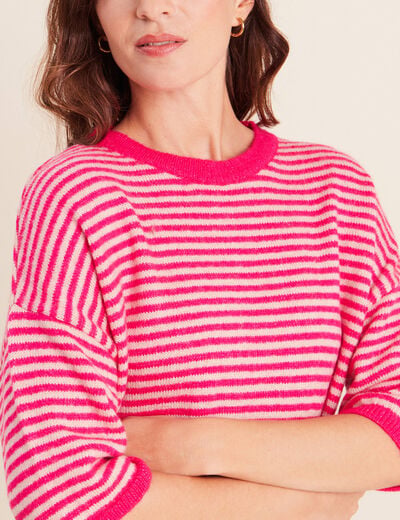 Pull droit col rond manches 3/4 rose femme