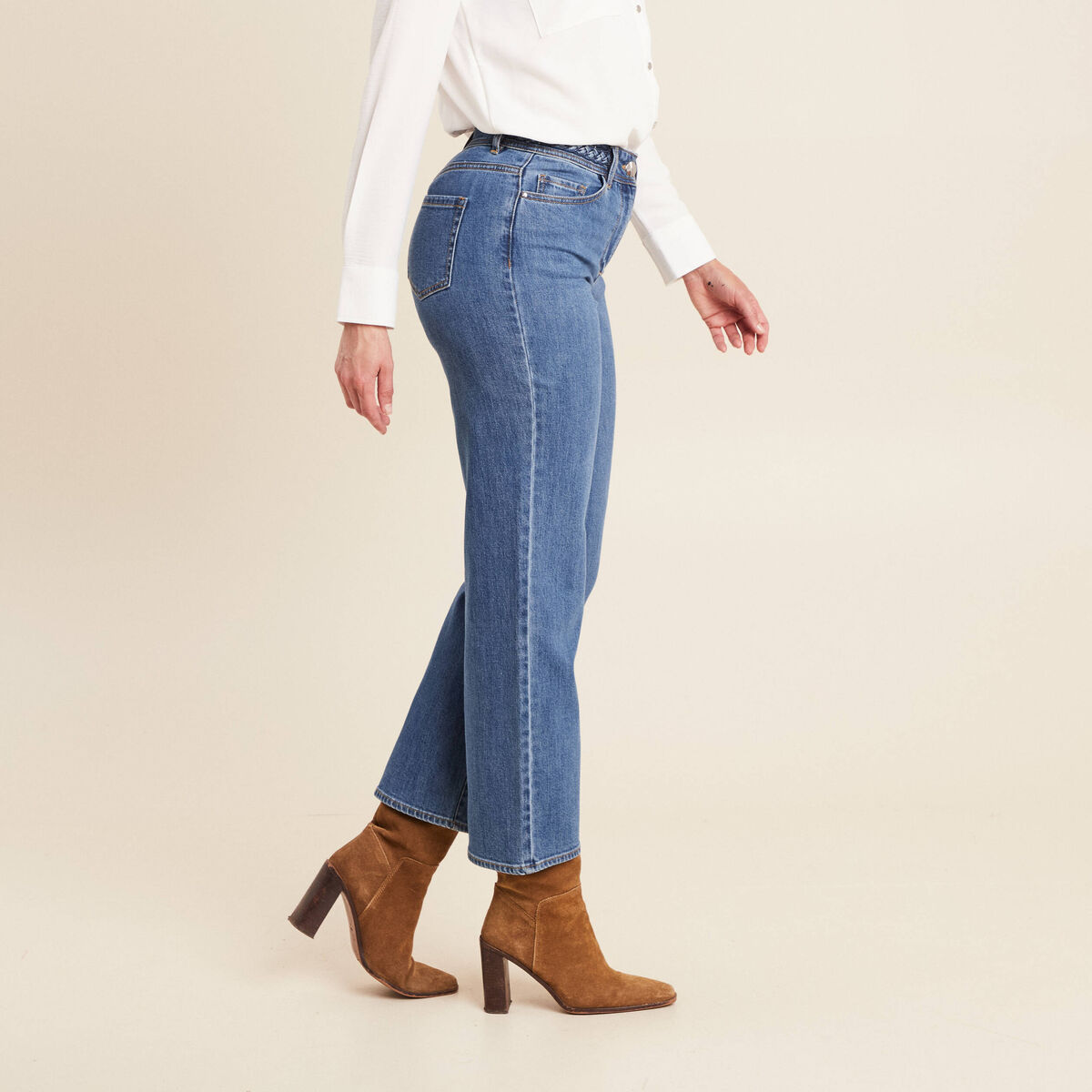 Jean large 7/8ème taille haute denim stone femme