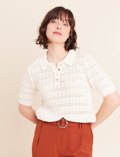 Pull col chemise manches courtes ecru femme