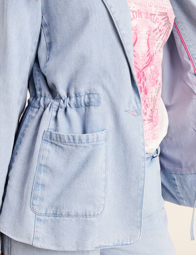 Veste longue cintr&eacute;e en jean doubl&eacute;e denim bleach femme