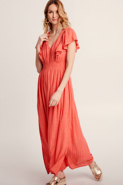 Robe longue droite à laçage orange clair femme