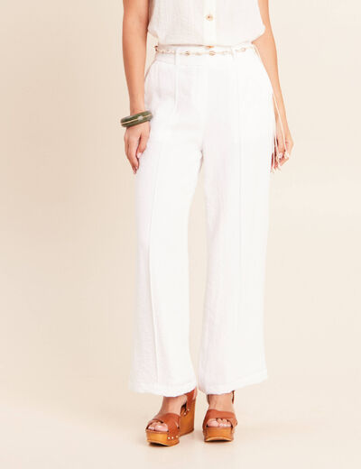 Pantalon large taille haute aspect lin blanc femme
