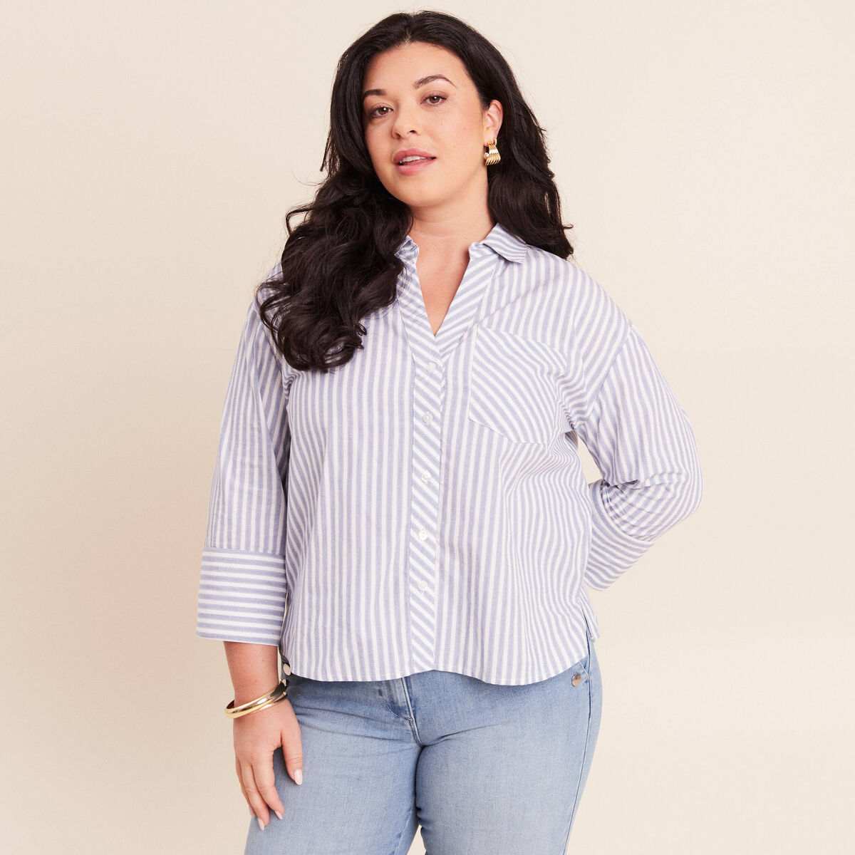 Chemise manches 3/4 bleu femme