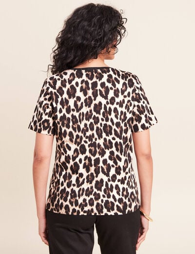 T-shirt col v manches courtes brod&eacute; marron femme
