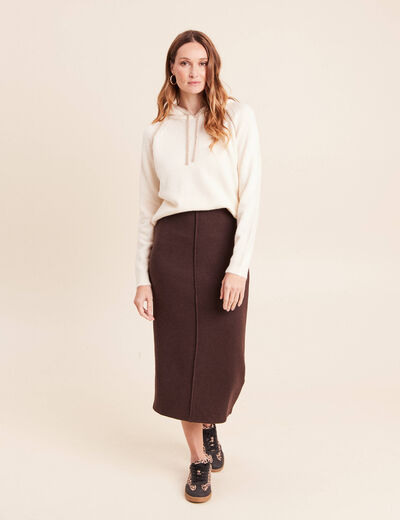 Jupe longue droite en maille marron fonc&eacute; femme