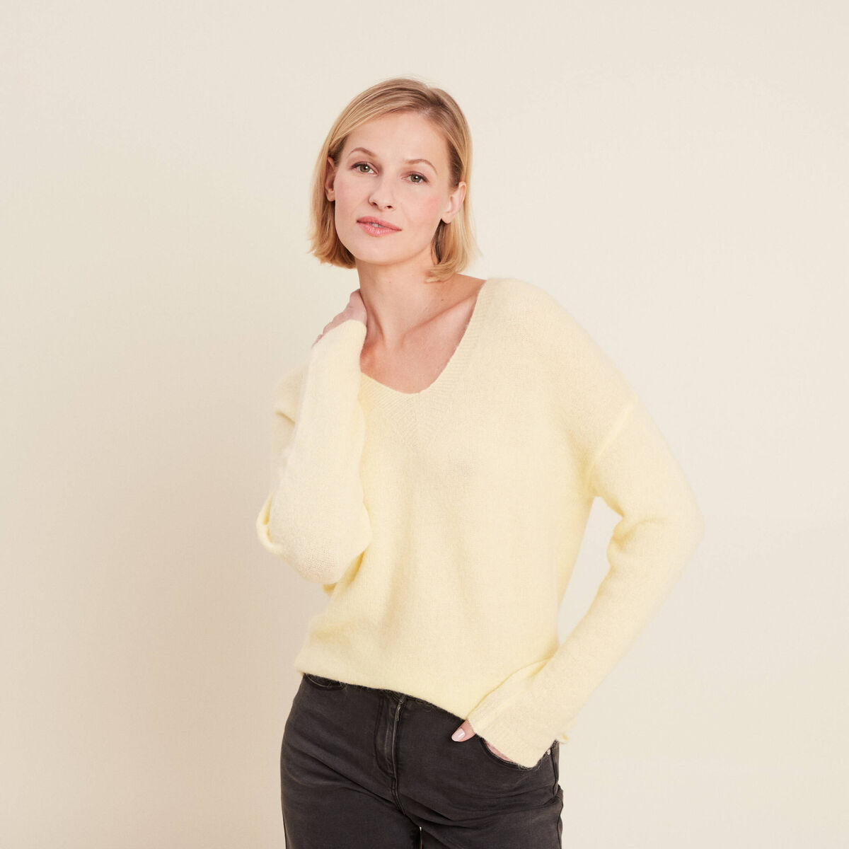 Pull manches longues jaune clair femme
