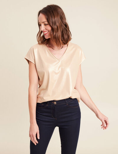 t-shirt col V manches courtes beige femme