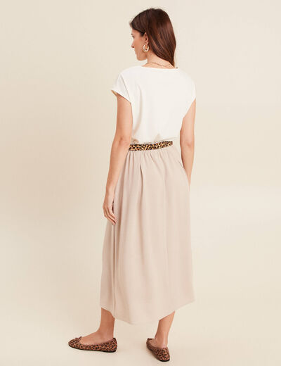 Robe longue évasée bi-matière ecru femme