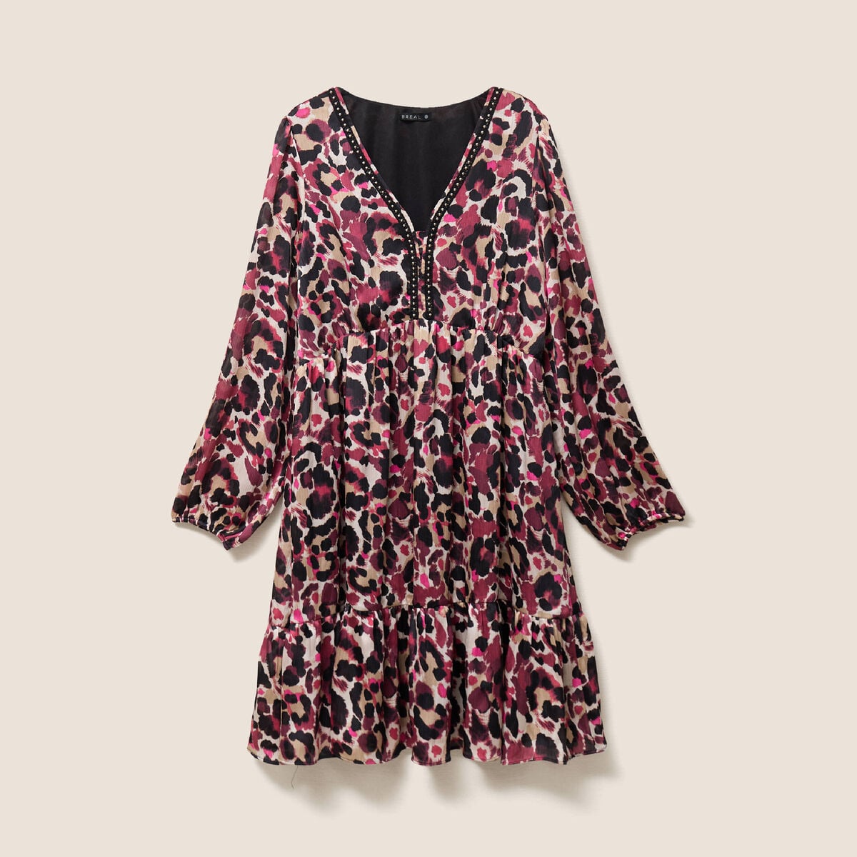 Robe courte &eacute;vas&eacute;e col v manches longues rose femme
