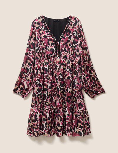 Robe courte &eacute;vas&eacute;e col v manches longues rose femme