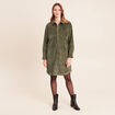 Robe droite courte velours col chemise vert kaki femme