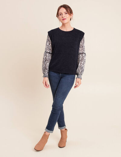 T-shirt col rond manches longues bleu femme