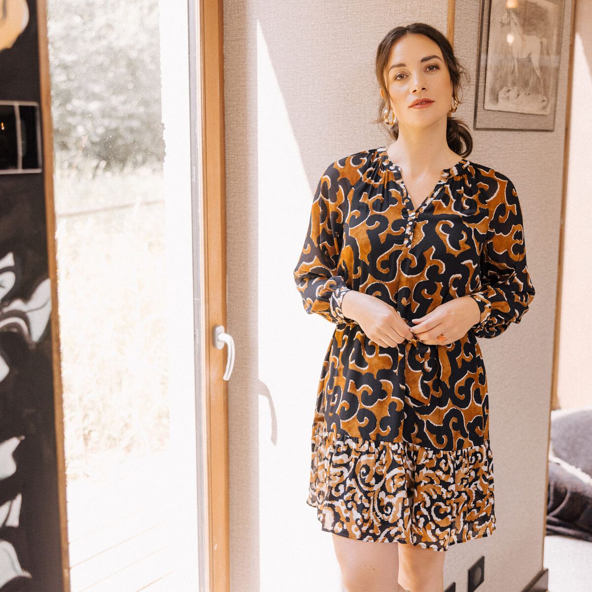 Robe imprimée évasée fluide femme noir femme