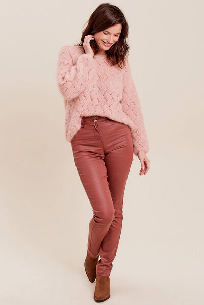 Pantalon ajusté enduit marron cognac femme