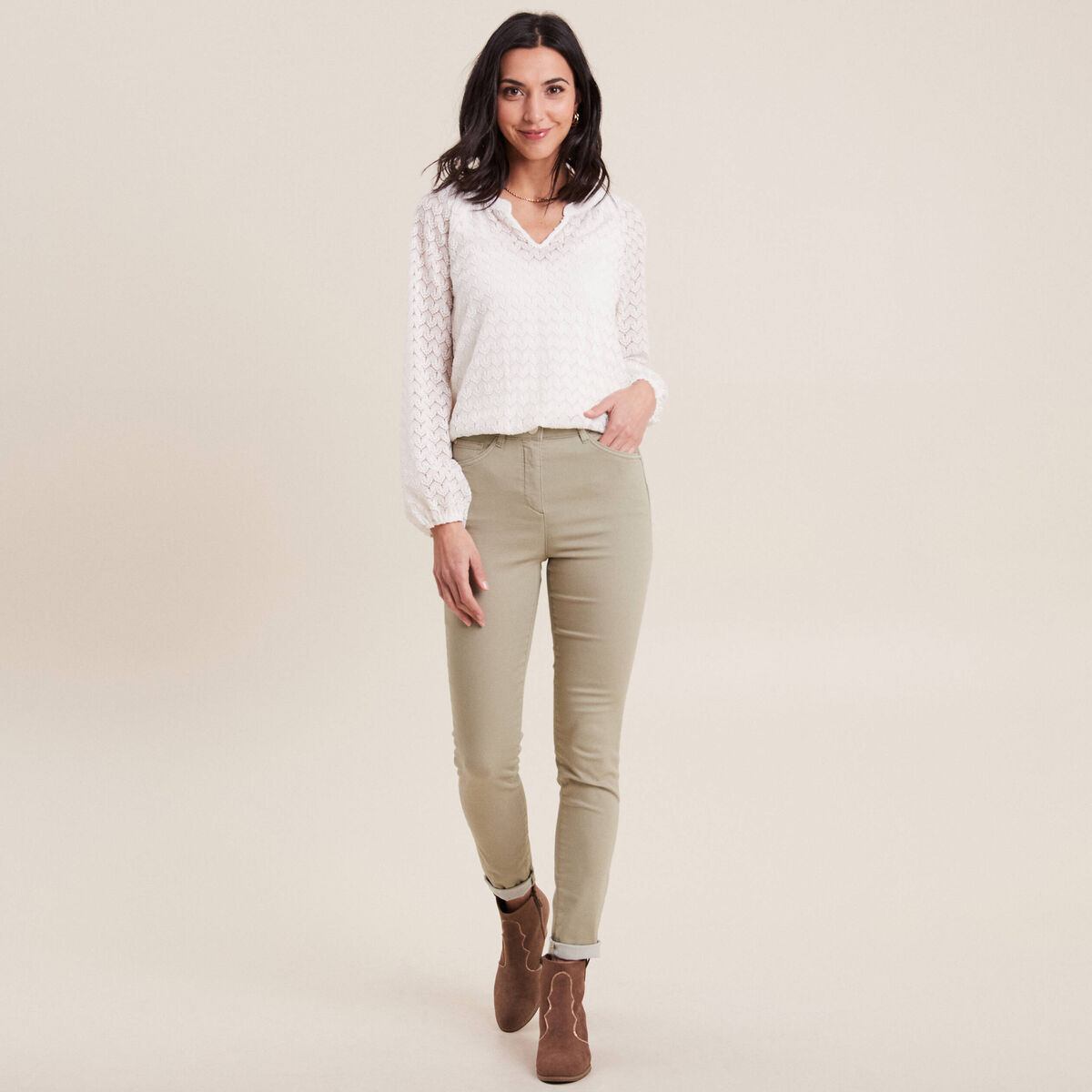Pantalon léger taille haute long vert clair femme
