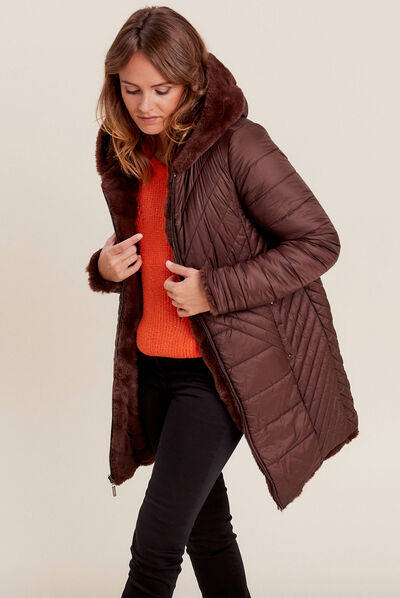 Manteau fausse fourrure réversible marron foncé femme