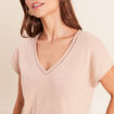 T-shirt col v manches courtes aspect lin sable femme