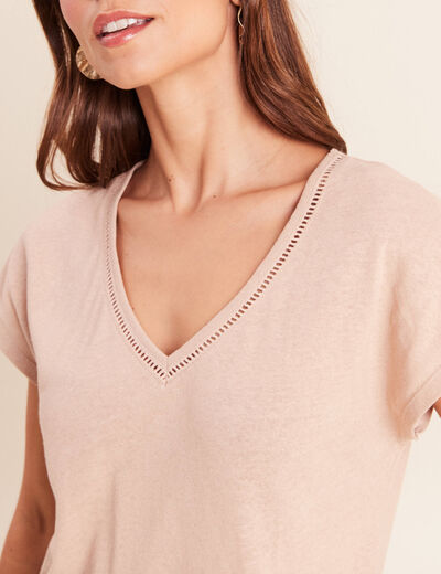 T-shirt col v manches courtes aspect lin sable femme