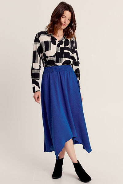 Jupe longue évasée asymétrique bleu electrique femme