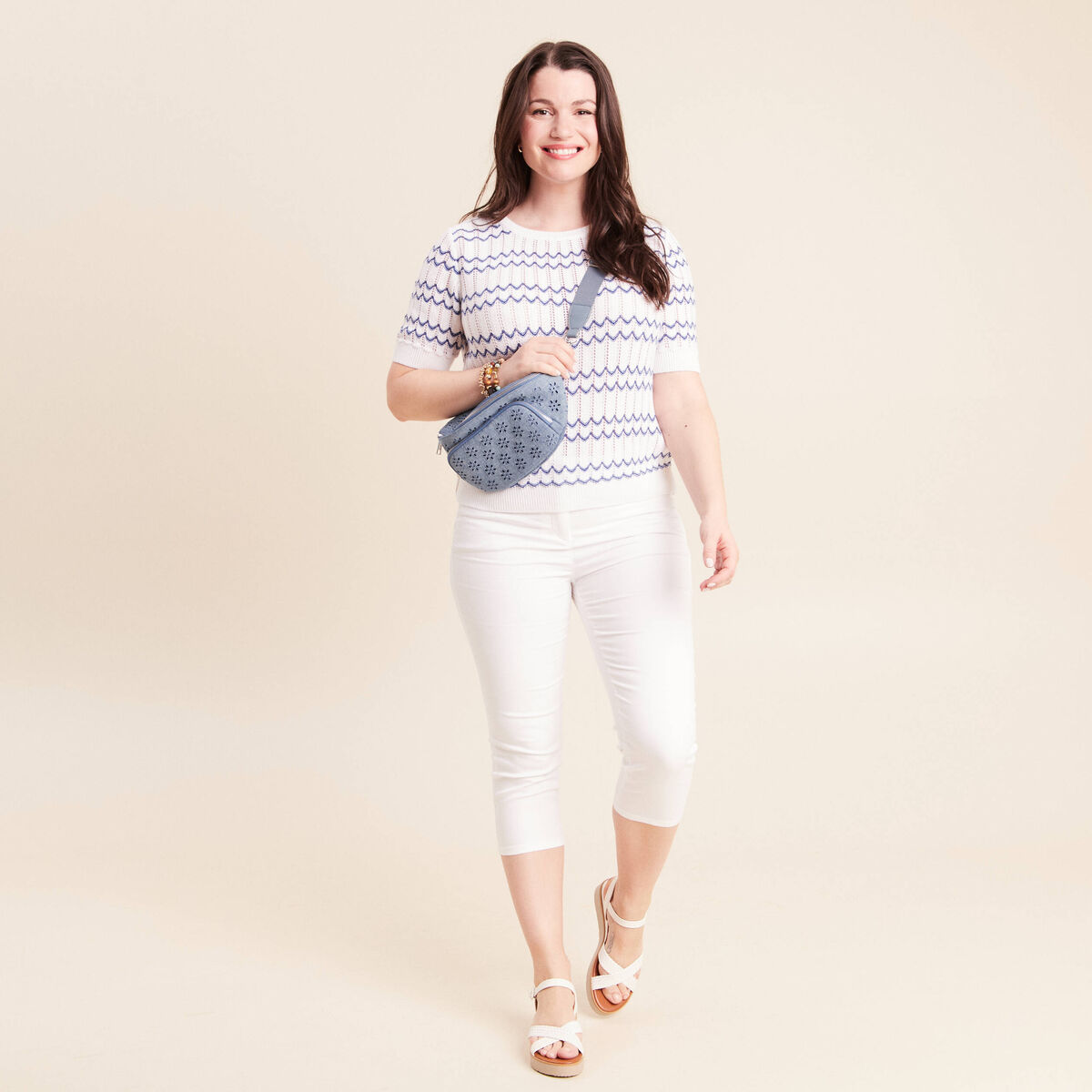 Pull col rond manches courtes bleu femme