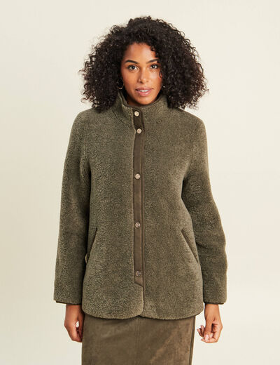 Manteau bouclette doubl&eacute; manches longues vert kaki femme