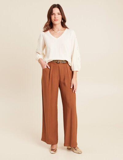 Pantalon large avec ceinture amovible marron femme