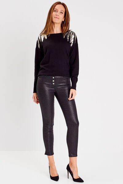 Pantalon ajusté enduit noir femme