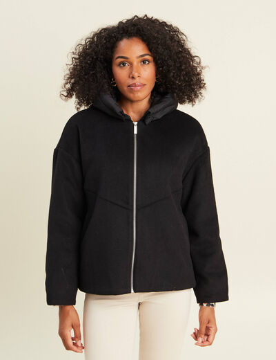 Manteau ample court &agrave; capuche noir femme