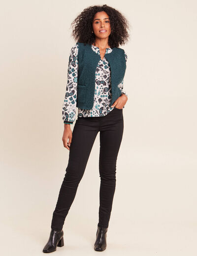 Gilet sans manches bouclette poches vert fonc&eacute; femme
