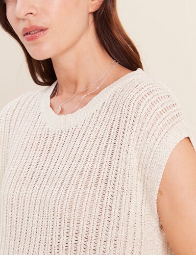 Pull ajour&eacute; col rond ecru femme