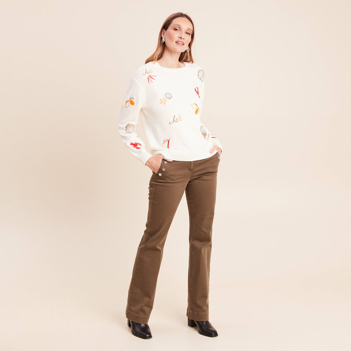 Pull col rond manches longues rouge femme