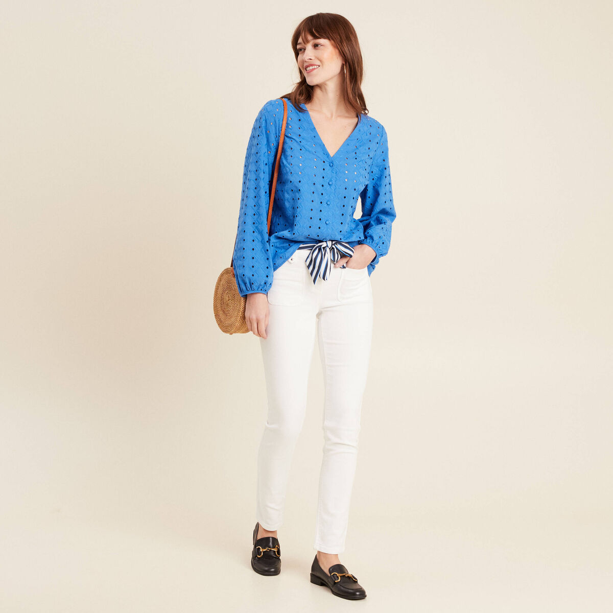 Jean ajusté taille basculée ecru femme