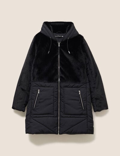 Manteau bi-mati&egrave;re cintr&eacute; mi-long noir femme