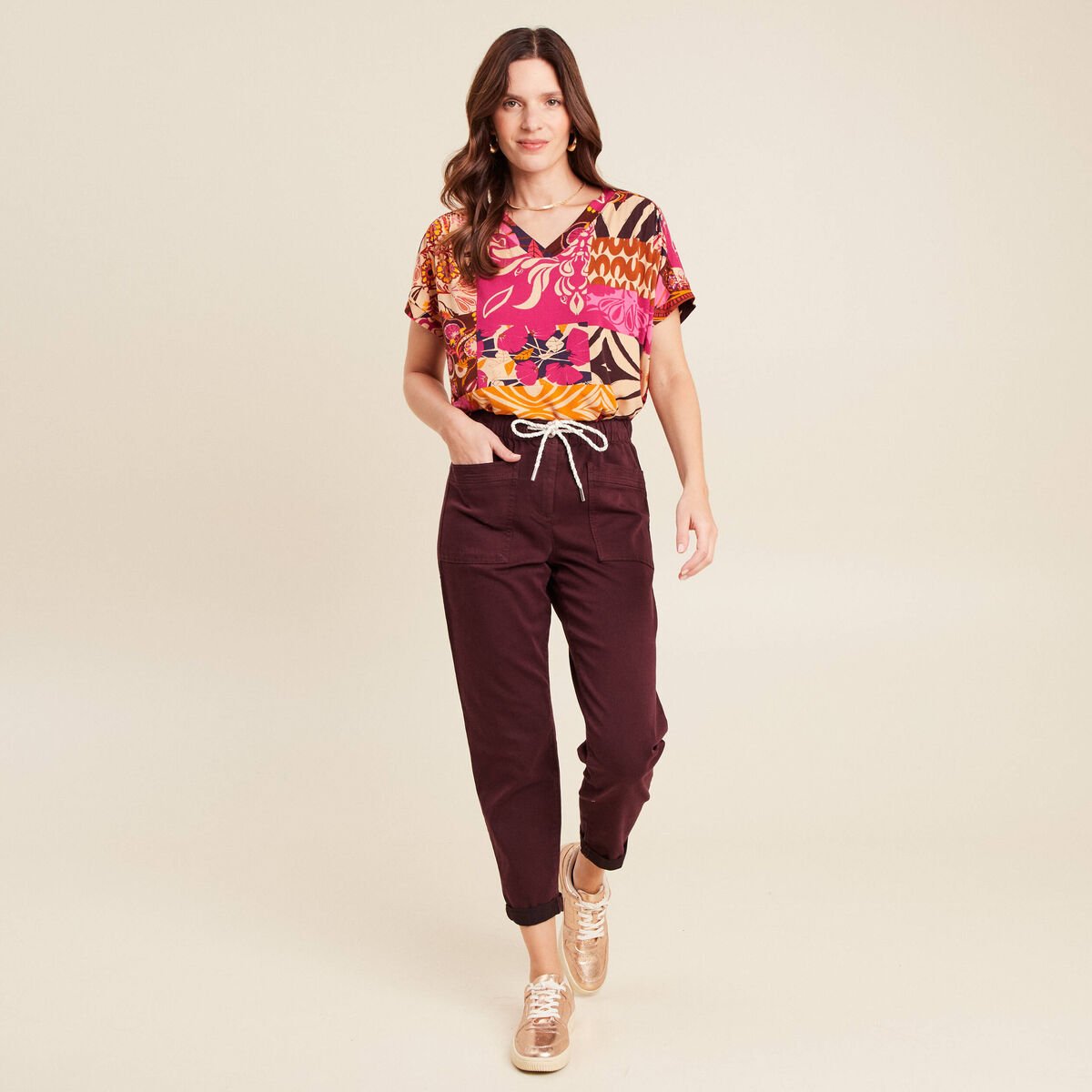 Pantalon coupe droite à coulisse bordeaux femme
