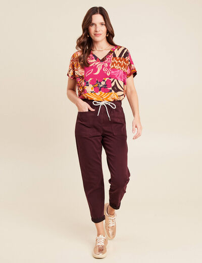 Pantalon coupe droite à coulisse bordeaux femme