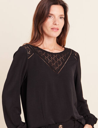 Blouse droite manches longues dentelle noir femme