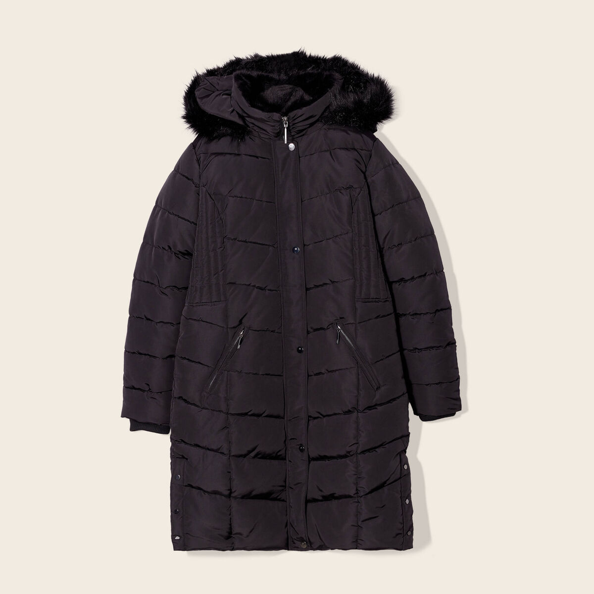 Doudoune déperlante longue à capuche noir femme
