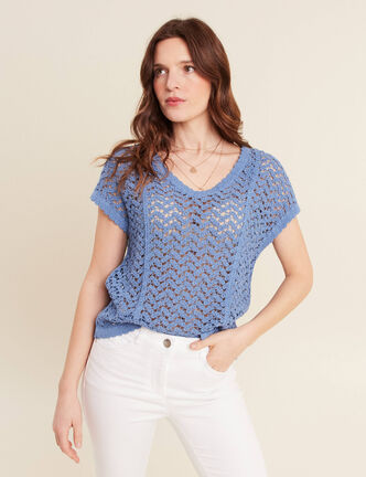 Pull manches courtes ajour&eacute; bleu ciel femme