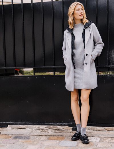 Manteau droit à capuche gris clair femme
