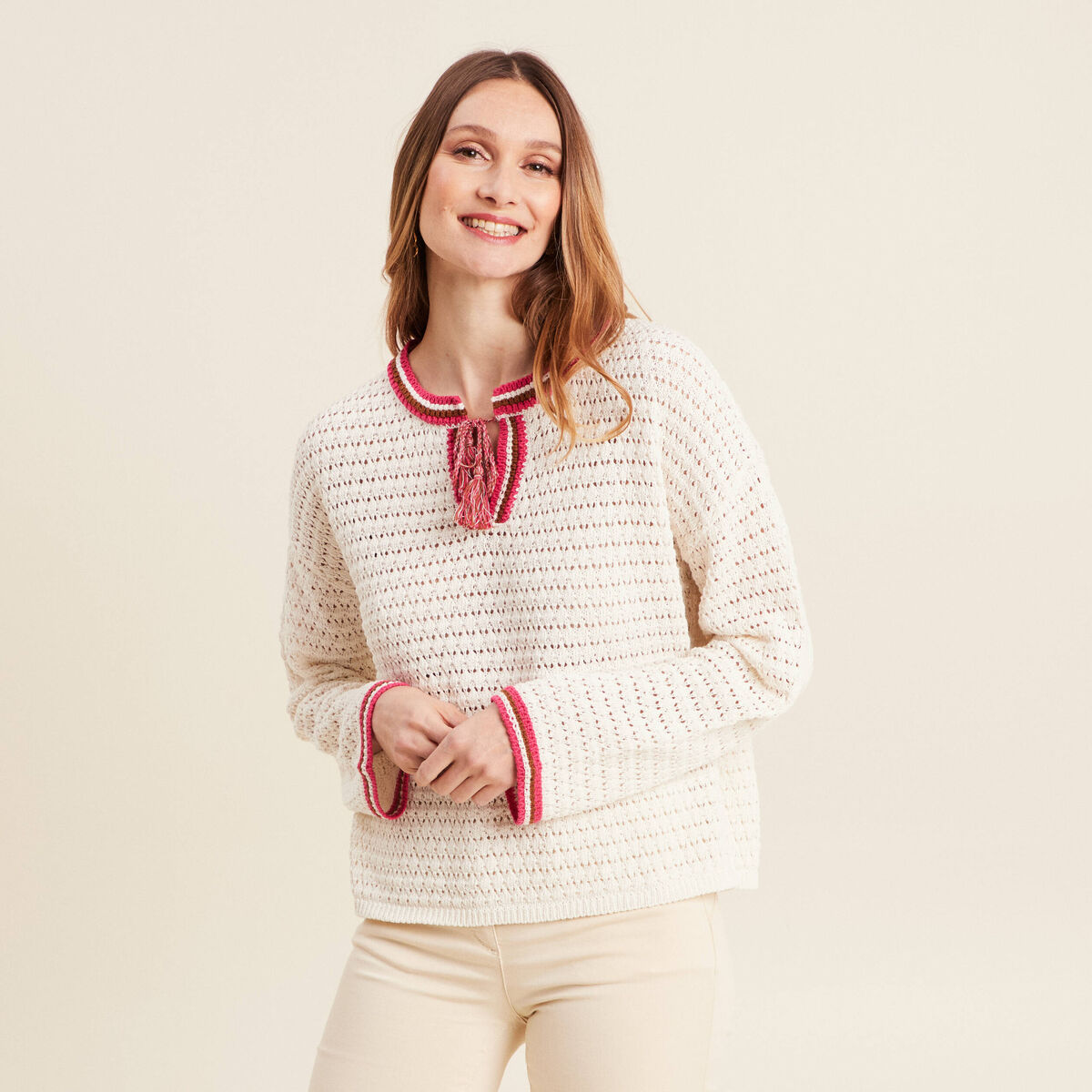 Pull manches longues ajouré ecru femme