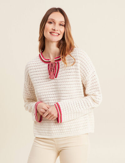 Pull manches longues ajouré ecru femme